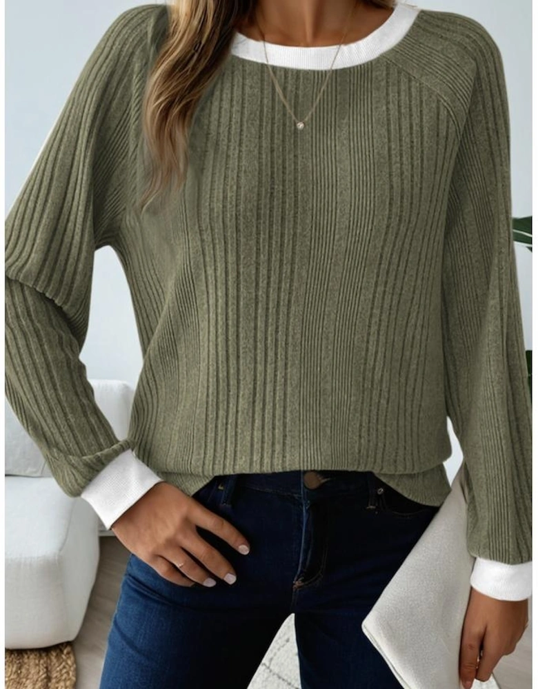 Moss Green Ribbed Contrast Cuffed Round Neck Long Sleeve T Shirt