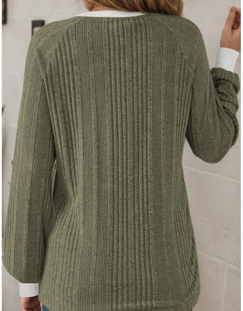 Moss Green Ribbed Contrast Cuffed Round Neck Long Sleeve T Shirt