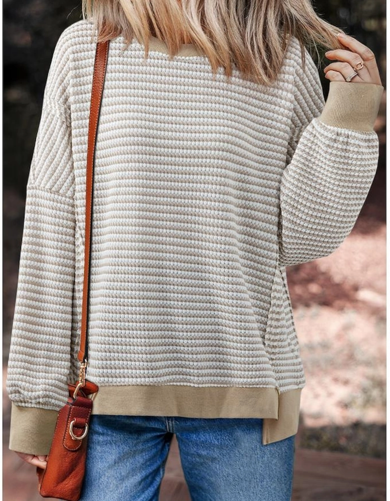 Brown Stripe Ribbed Trim Drop Shoulder Long Sleeve Oversize Top
