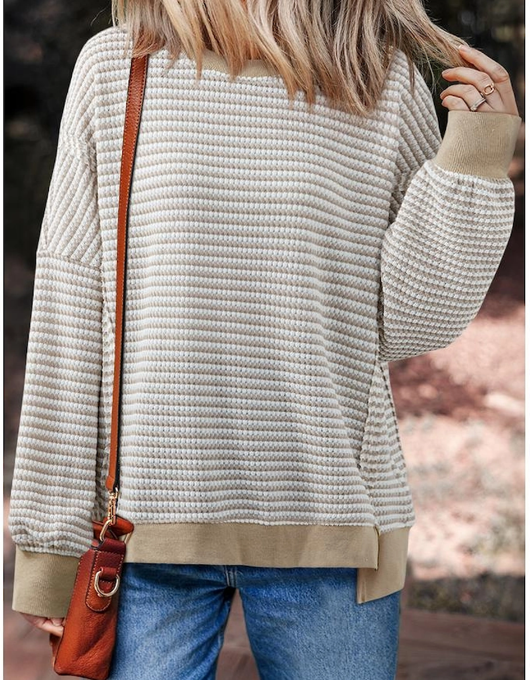 Brown Stripe Ribbed Trim Drop Shoulder Long Sleeve Oversize Top