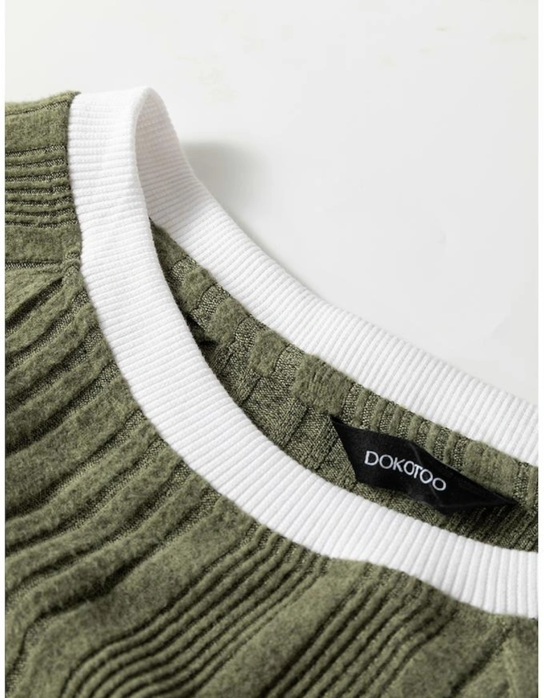 Moss Green Ribbed Contrast Cuffed Round Neck Long Sleeve T Shirt