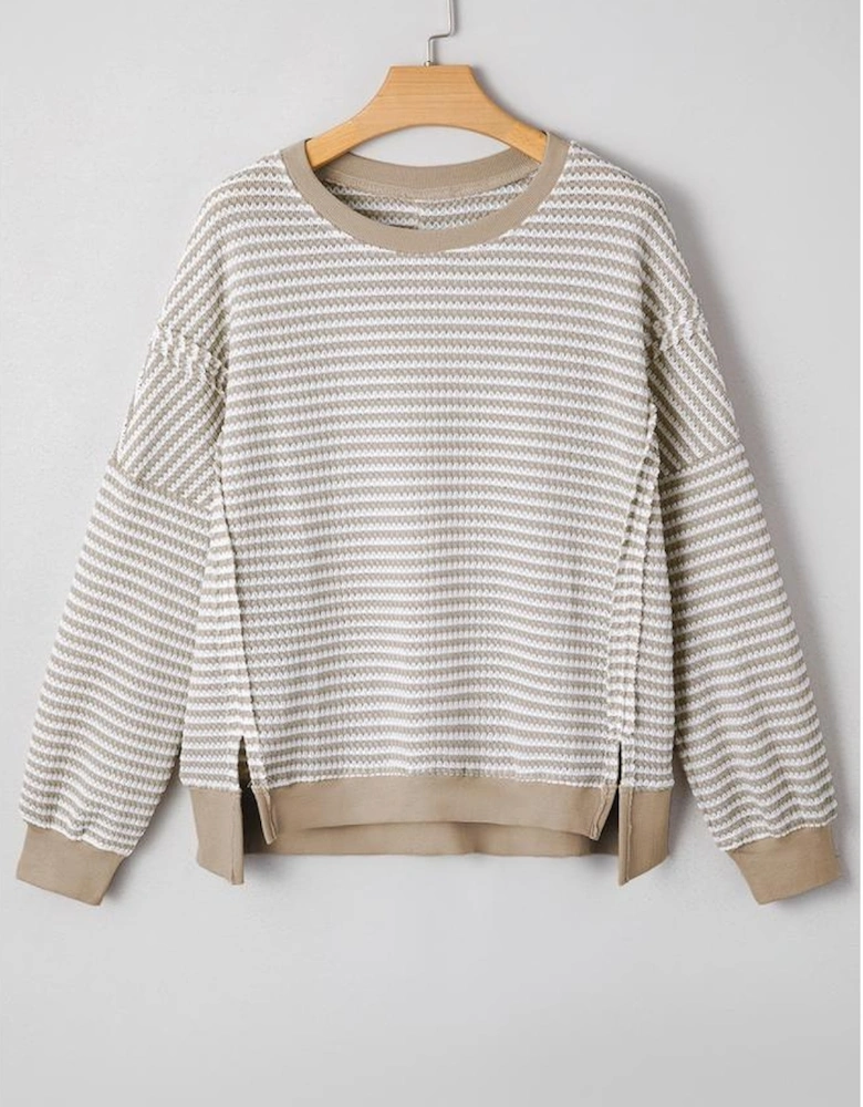 Brown Stripe Ribbed Trim Drop Shoulder Long Sleeve Oversize Top