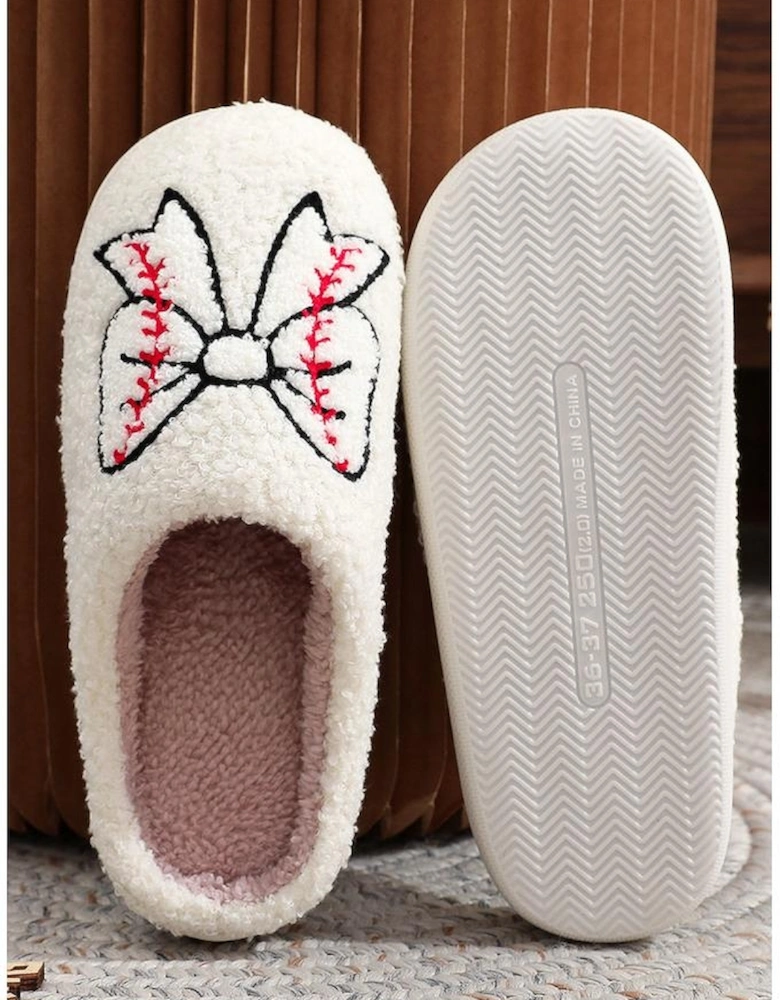 White Bow Knot Rugby Pattern Plush Warm Slippers