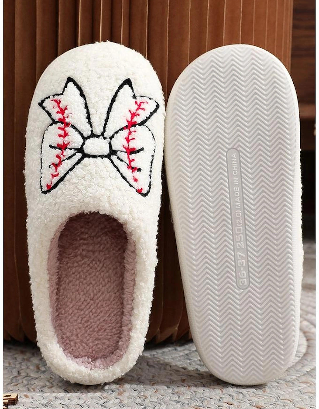 White Bow Knot Rugby Pattern Plush Warm Slippers