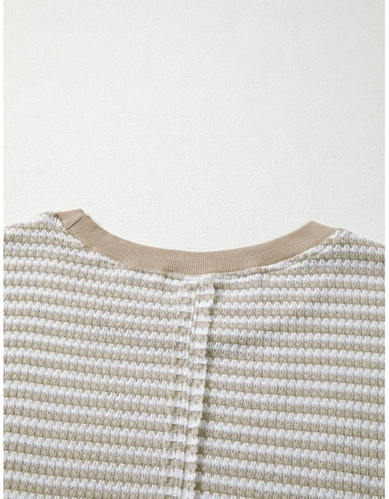 Brown Stripe Ribbed Trim Drop Shoulder Long Sleeve Oversize Top