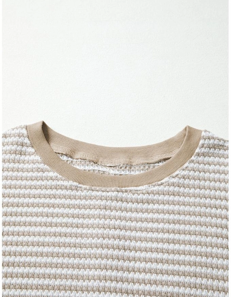 Brown Stripe Ribbed Trim Drop Shoulder Long Sleeve Oversize Top