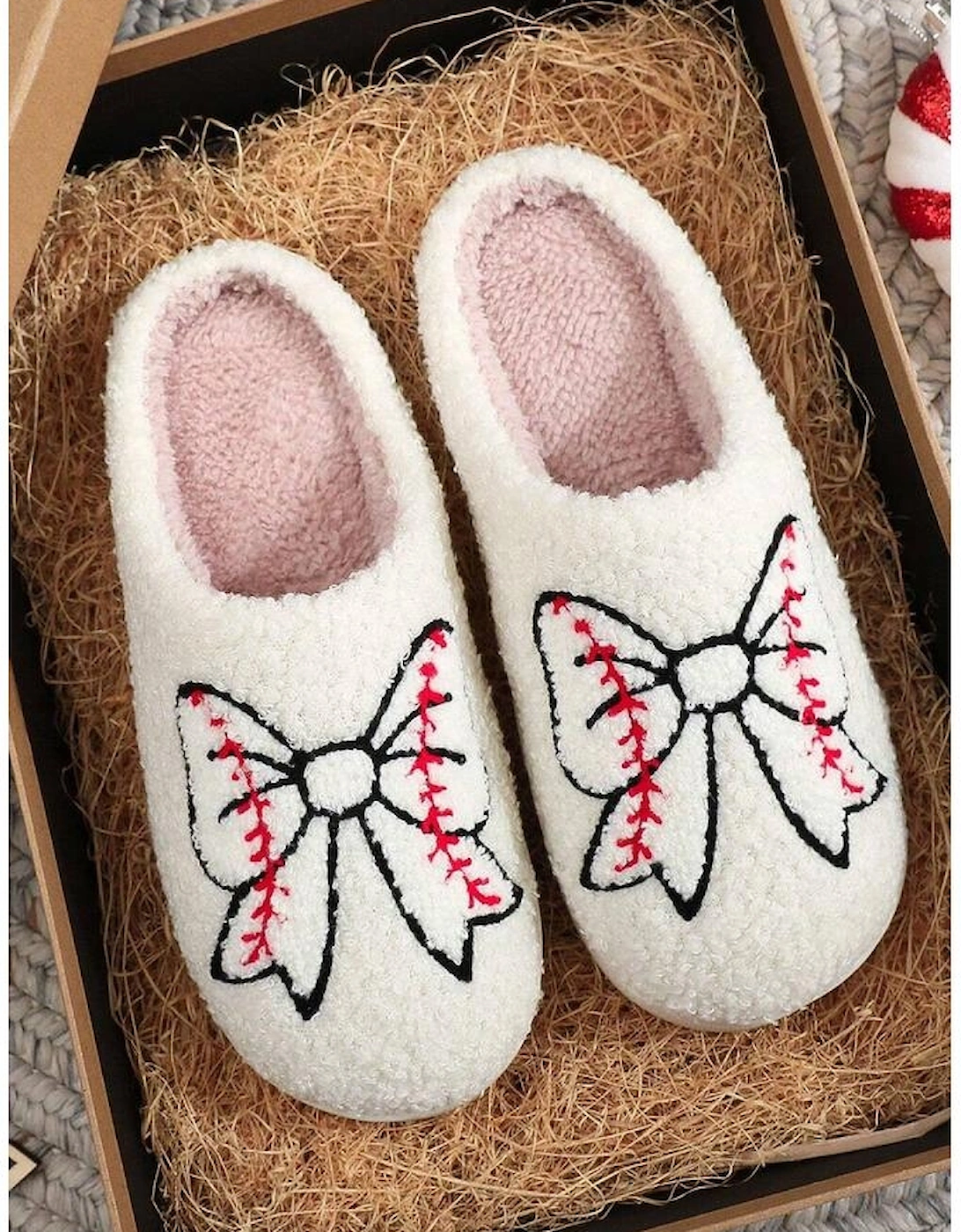 White Bow Knot Rugby Pattern Plush Warm Slippers, 5 of 4