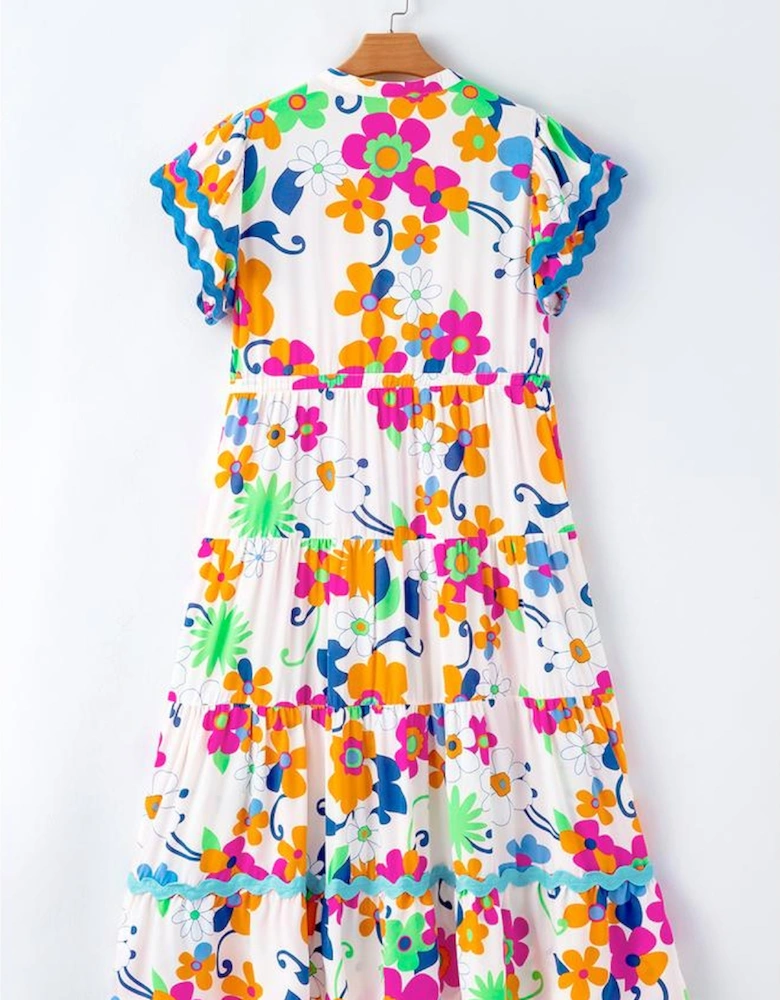 Pink Ricrac Trim Flutter Sleeve Buttoned Floral Maxi Dress