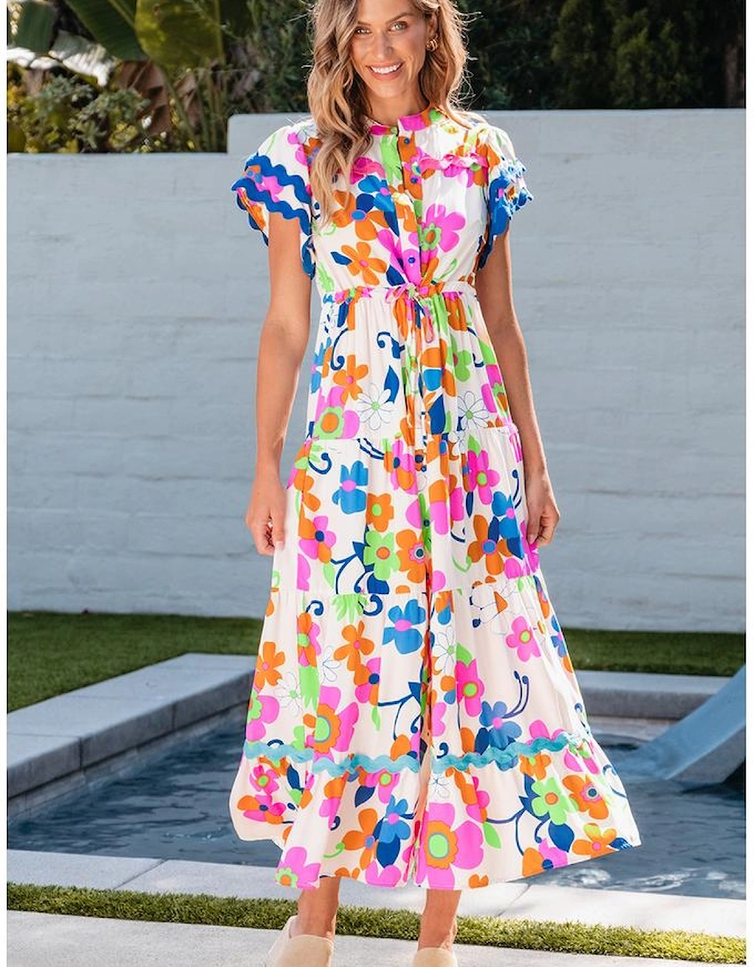 Pink Ricrac Trim Flutter Sleeve Buttoned Floral Maxi Dress, 13 of 12