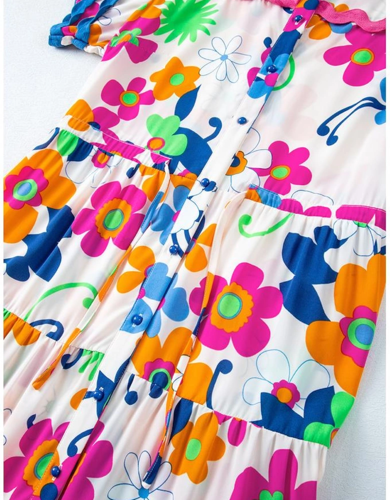 Pink Ricrac Trim Flutter Sleeve Buttoned Floral Maxi Dress