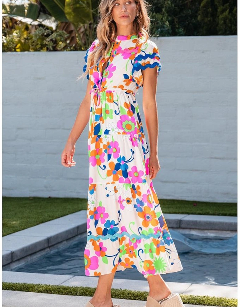 Pink Ricrac Trim Flutter Sleeve Buttoned Floral Maxi Dress