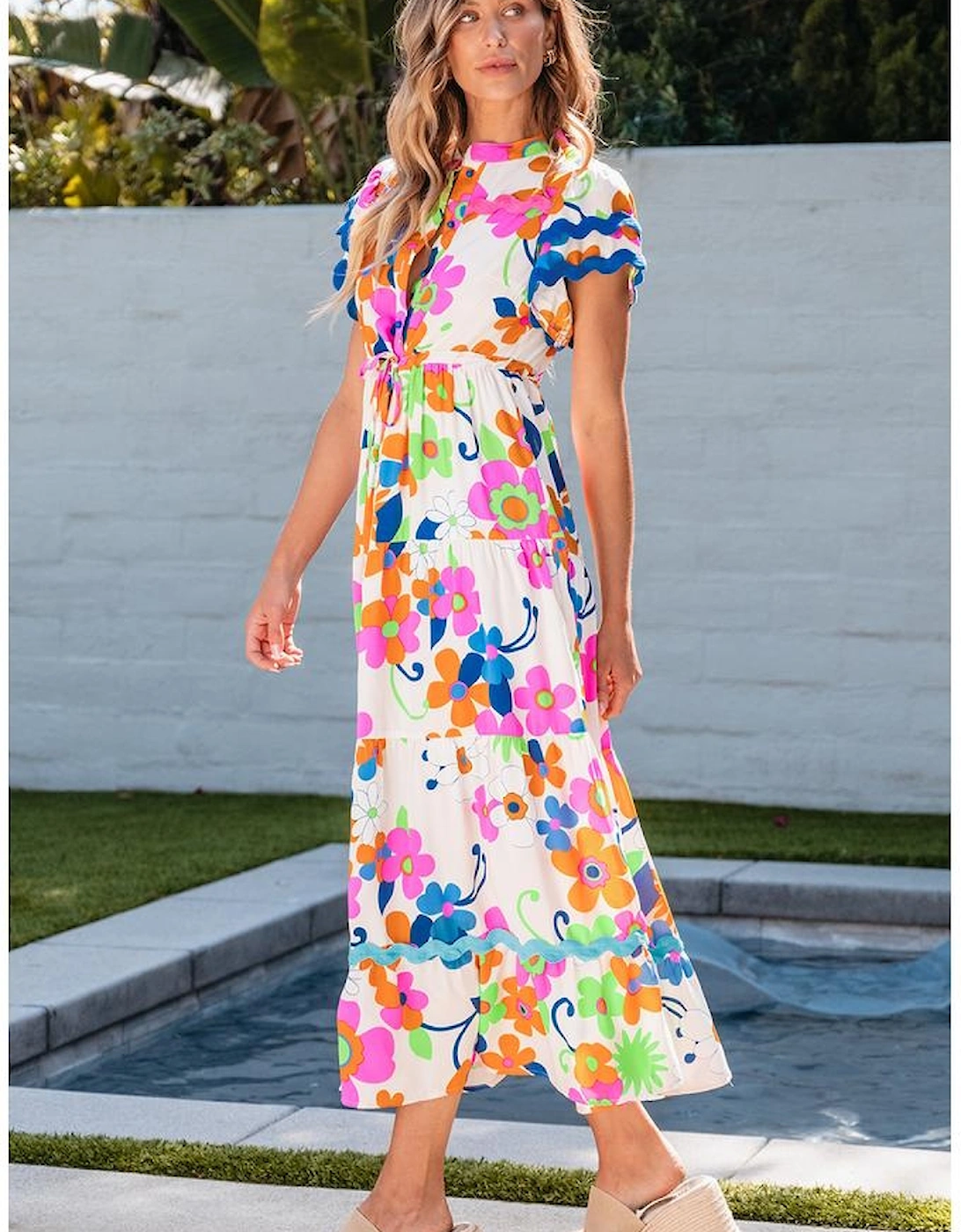 Pink Ricrac Trim Flutter Sleeve Buttoned Floral Maxi Dress