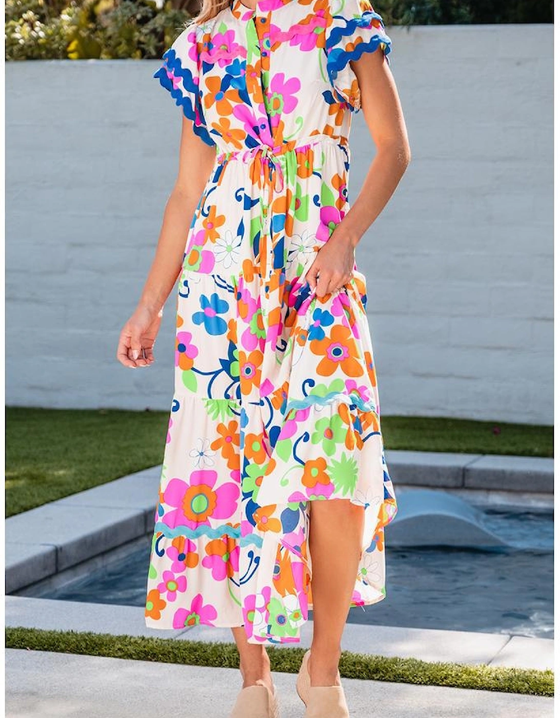 Pink Ricrac Trim Flutter Sleeve Buttoned Floral Maxi Dress