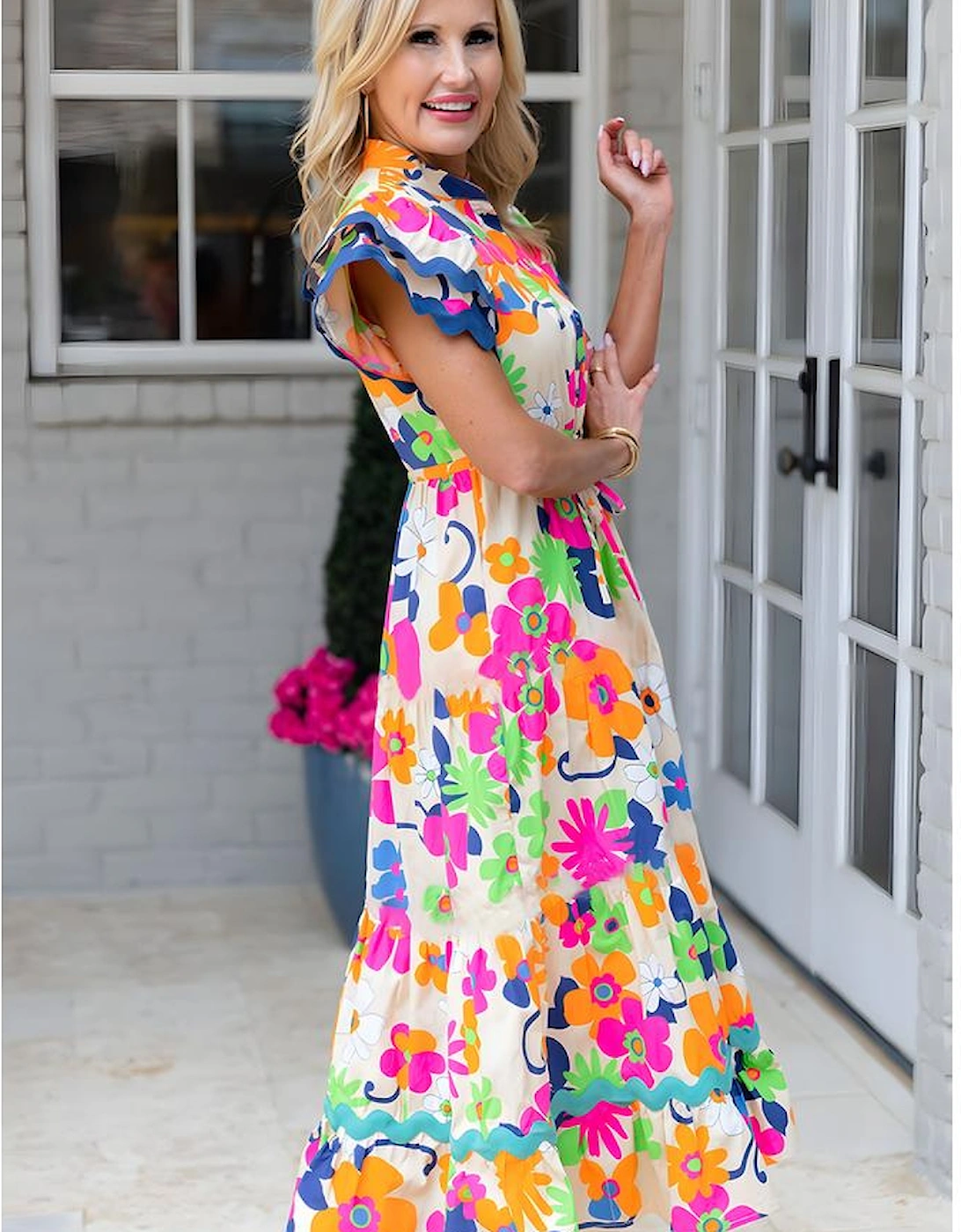 Pink Ricrac Trim Flutter Sleeve Buttoned Floral Maxi Dress