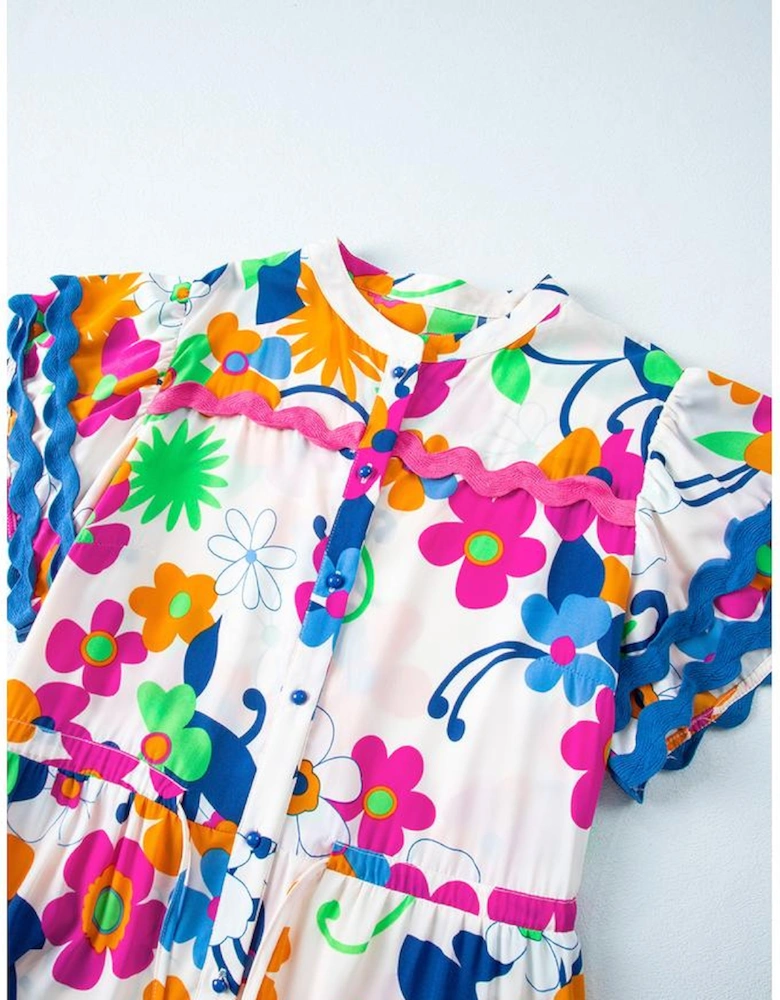 Pink Ricrac Trim Flutter Sleeve Buttoned Floral Maxi Dress