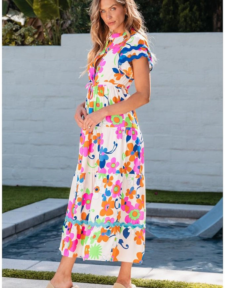 Pink Ricrac Trim Flutter Sleeve Buttoned Floral Maxi Dress