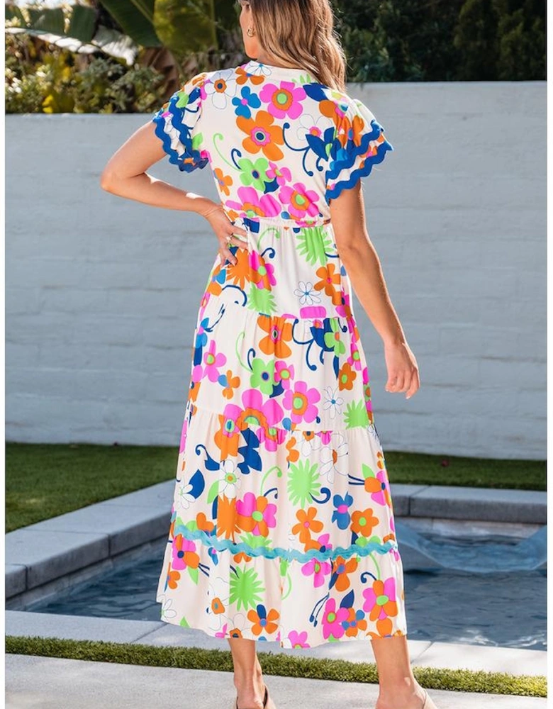 Pink Ricrac Trim Flutter Sleeve Buttoned Floral Maxi Dress