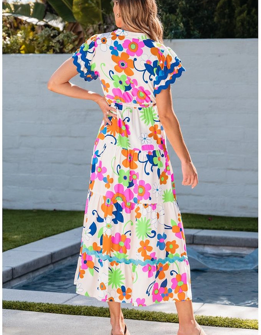 Pink Ricrac Trim Flutter Sleeve Buttoned Floral Maxi Dress