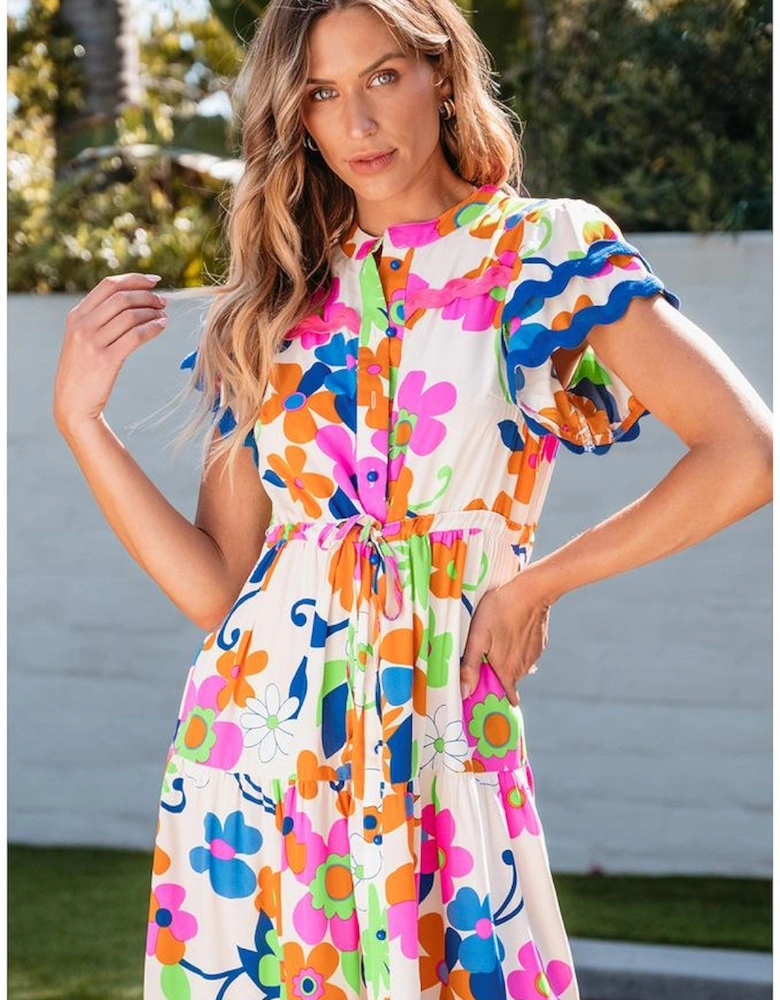 Pink Ricrac Trim Flutter Sleeve Buttoned Floral Maxi Dress