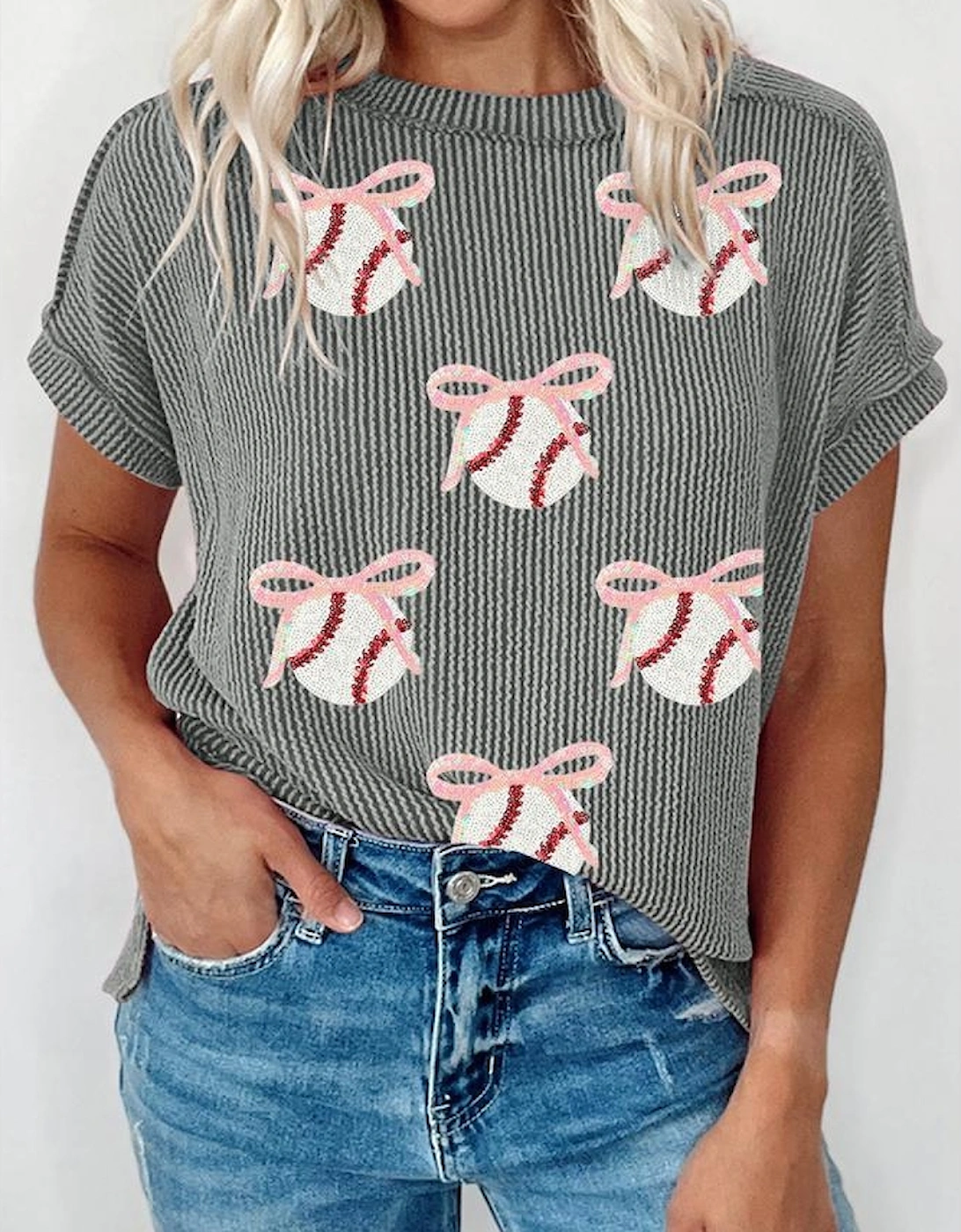 Medium Grey Twist Ribbed Sequined Bow Rugby Game Day Pattern Knit T Shirt