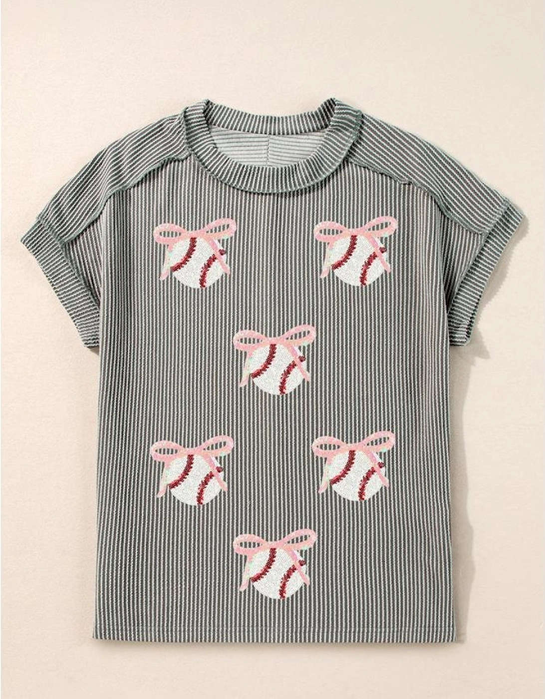 Medium Grey Twist Ribbed Sequined Bow Rugby Game Day Pattern Knit T Shirt