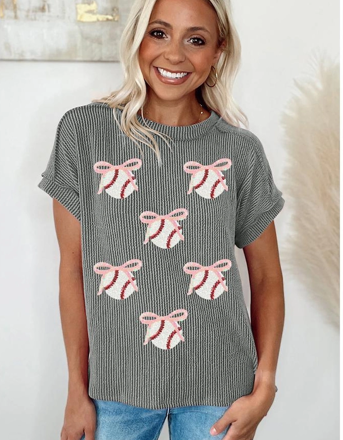 Medium Grey Twist Ribbed Sequined Bow Rugby Game Day Pattern Knit T Shirt