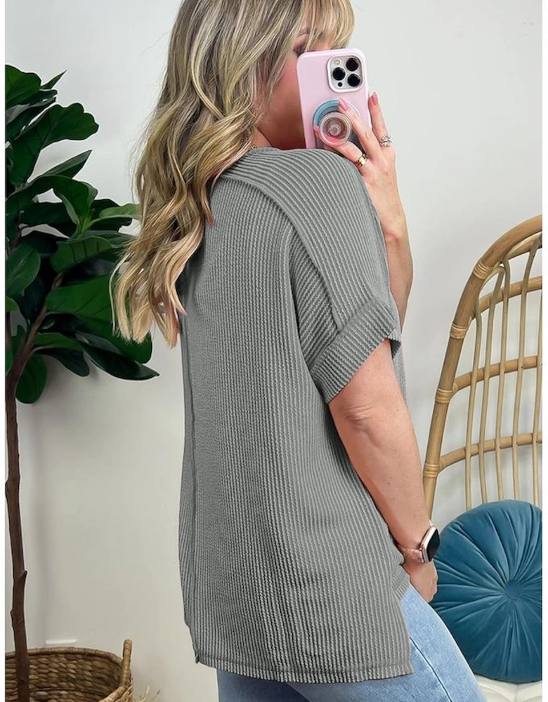 Medium Grey Twist Ribbed Sequined Bow Rugby Game Day Pattern Knit T Shirt