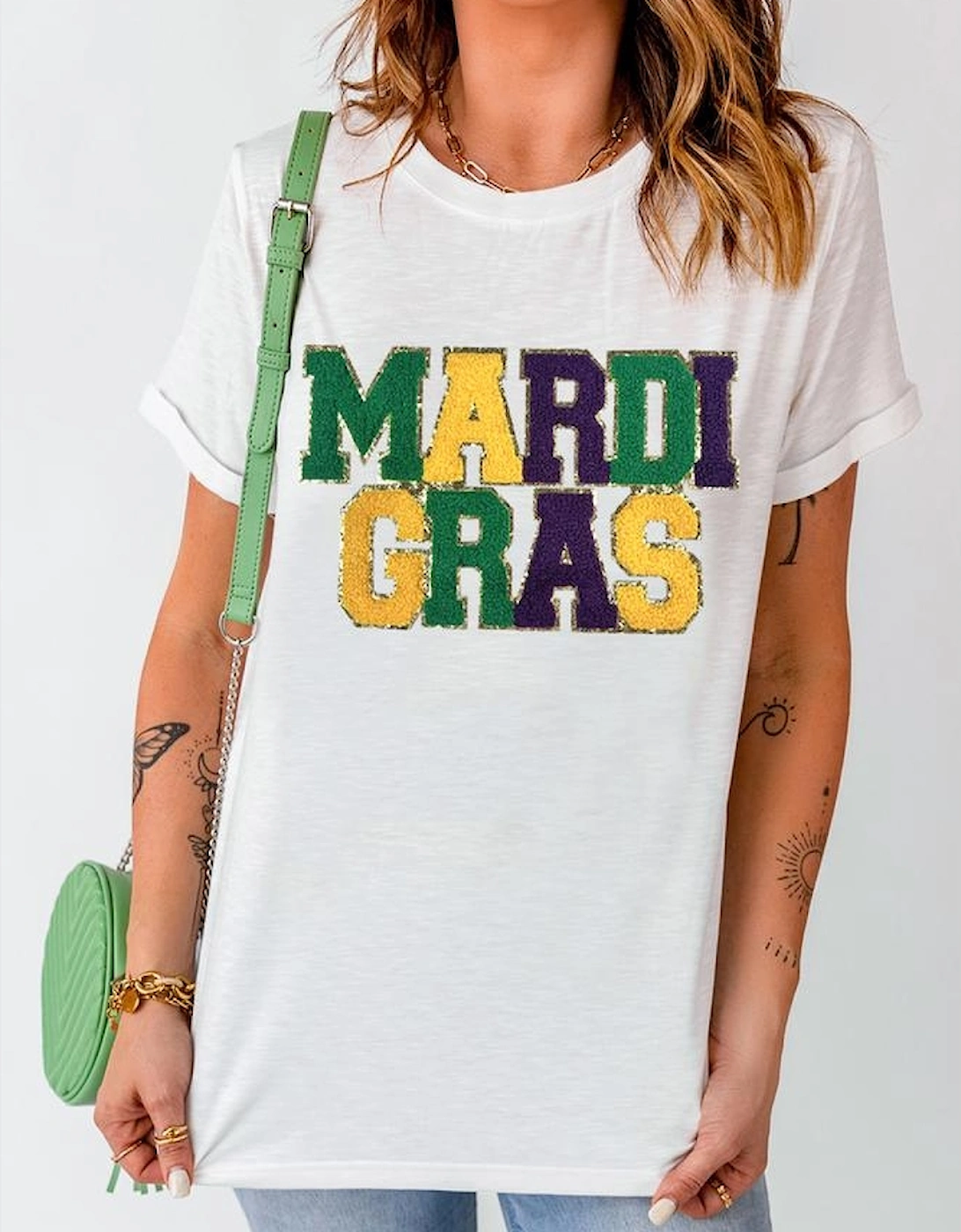 White Chenille MARDI GRAS Patched Graphic T Shirt