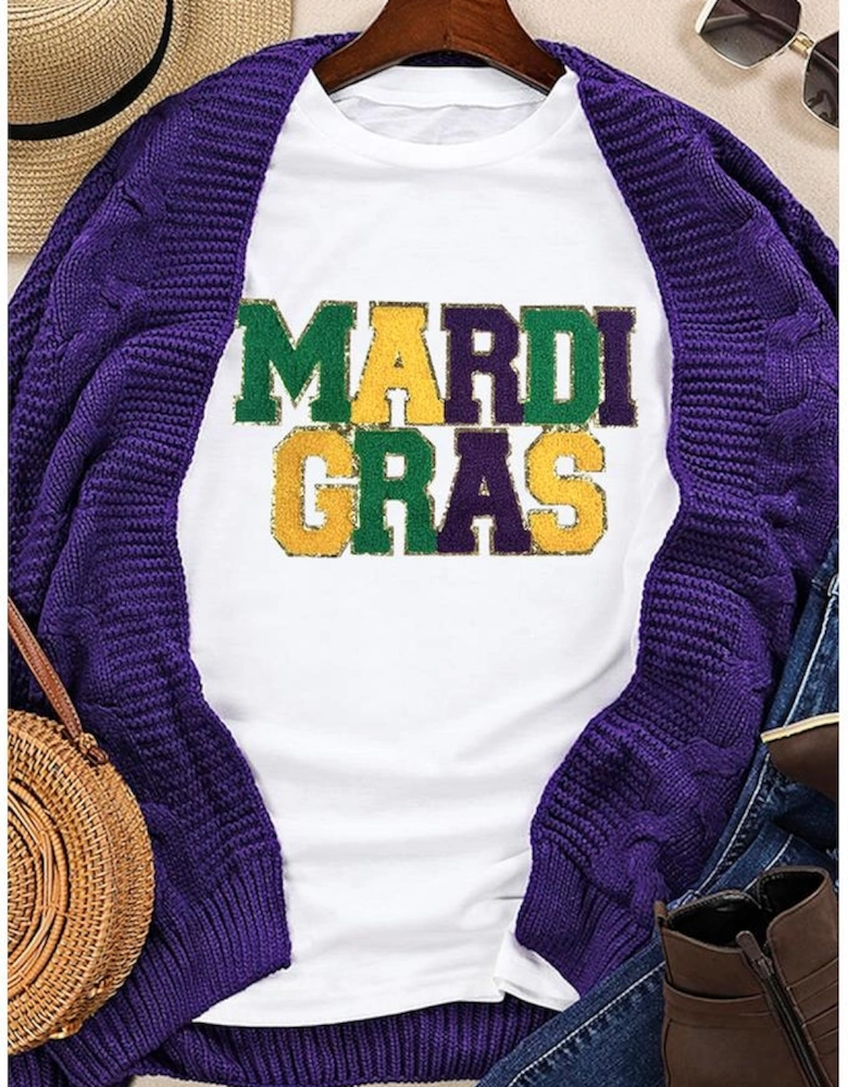 White Chenille MARDI GRAS Patched Graphic T Shirt
