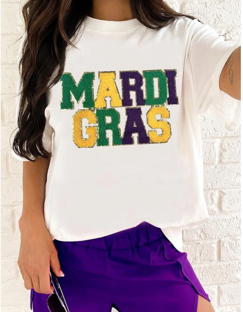 White Chenille MARDI GRAS Patched Graphic T Shirt