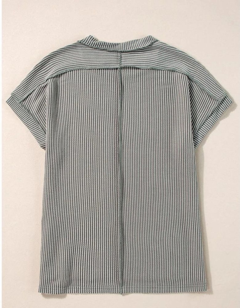 Medium Grey Twist Ribbed Sequined Bow Rugby Game Day Pattern Knit T Shirt