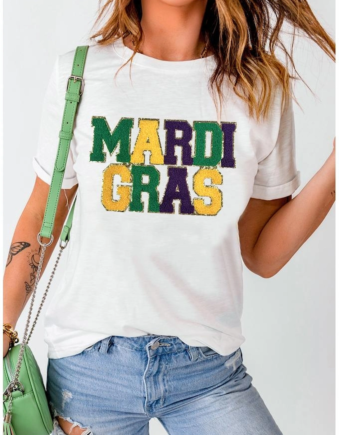 White Chenille MARDI GRAS Patched Graphic T Shirt