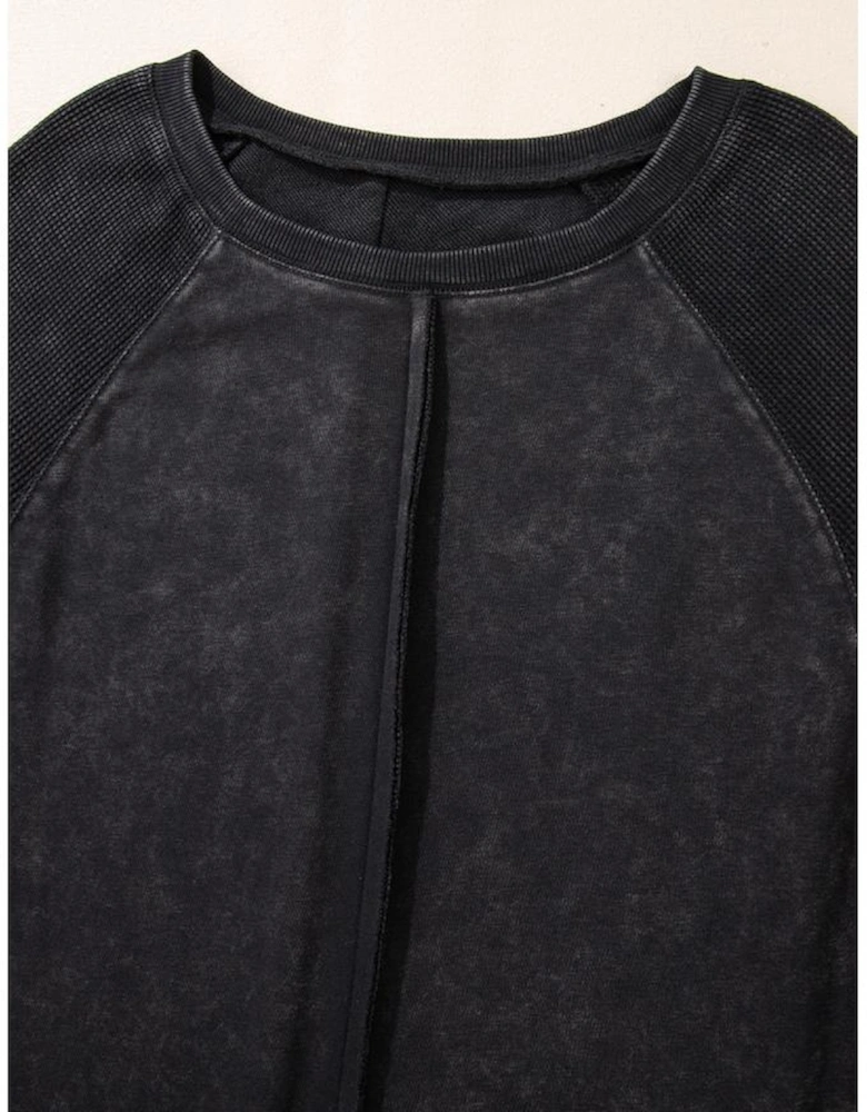 Black Solid Waffle Knit Patchwork Raglan Sleeve Sweatshirt