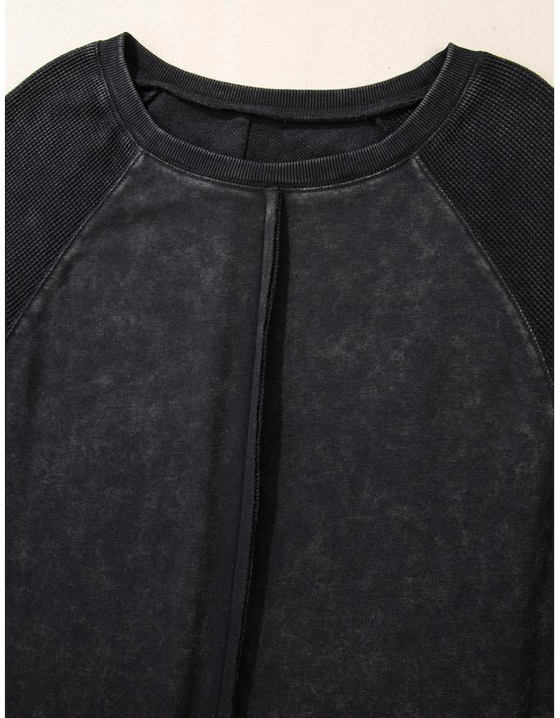 Black Solid Waffle Knit Patchwork Raglan Sleeve Sweatshirt