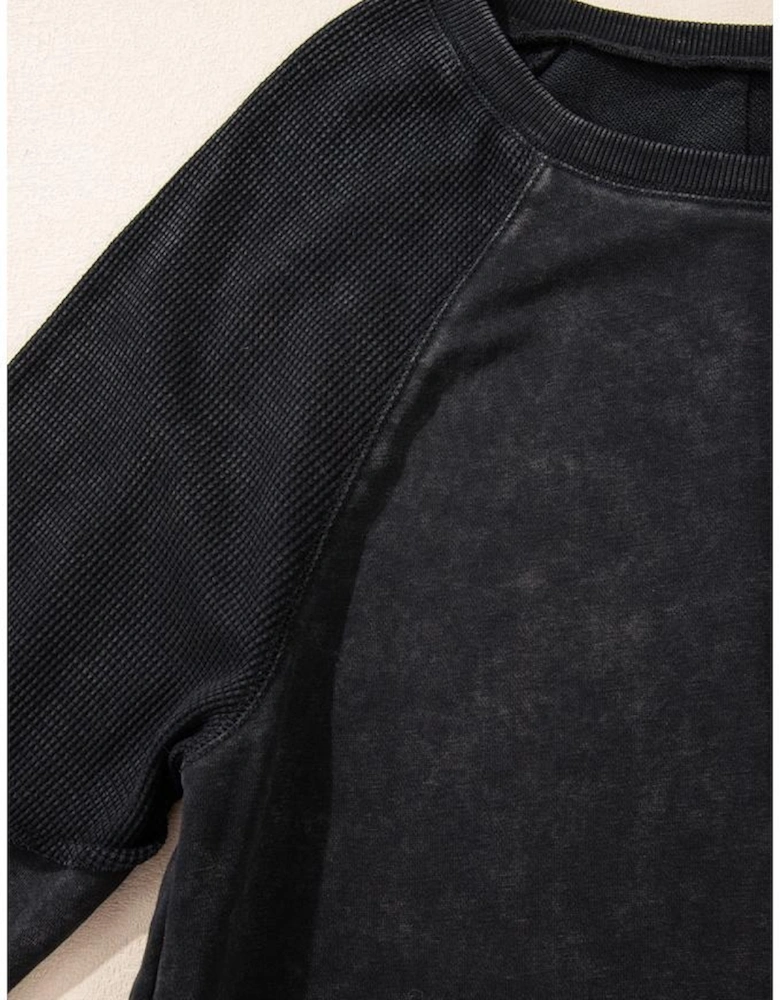 Black Solid Waffle Knit Patchwork Raglan Sleeve Sweatshirt