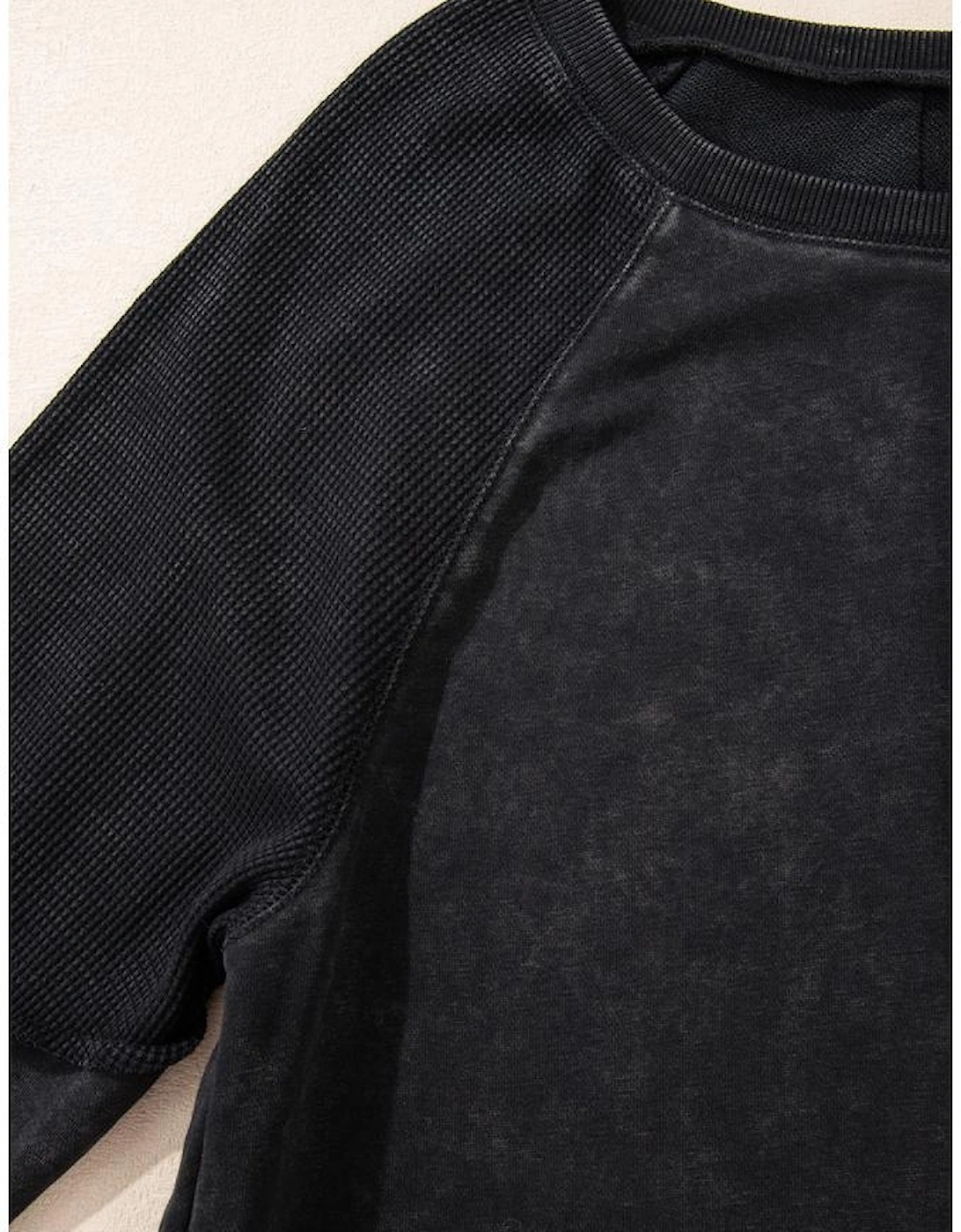 Black Solid Waffle Knit Patchwork Raglan Sleeve Sweatshirt