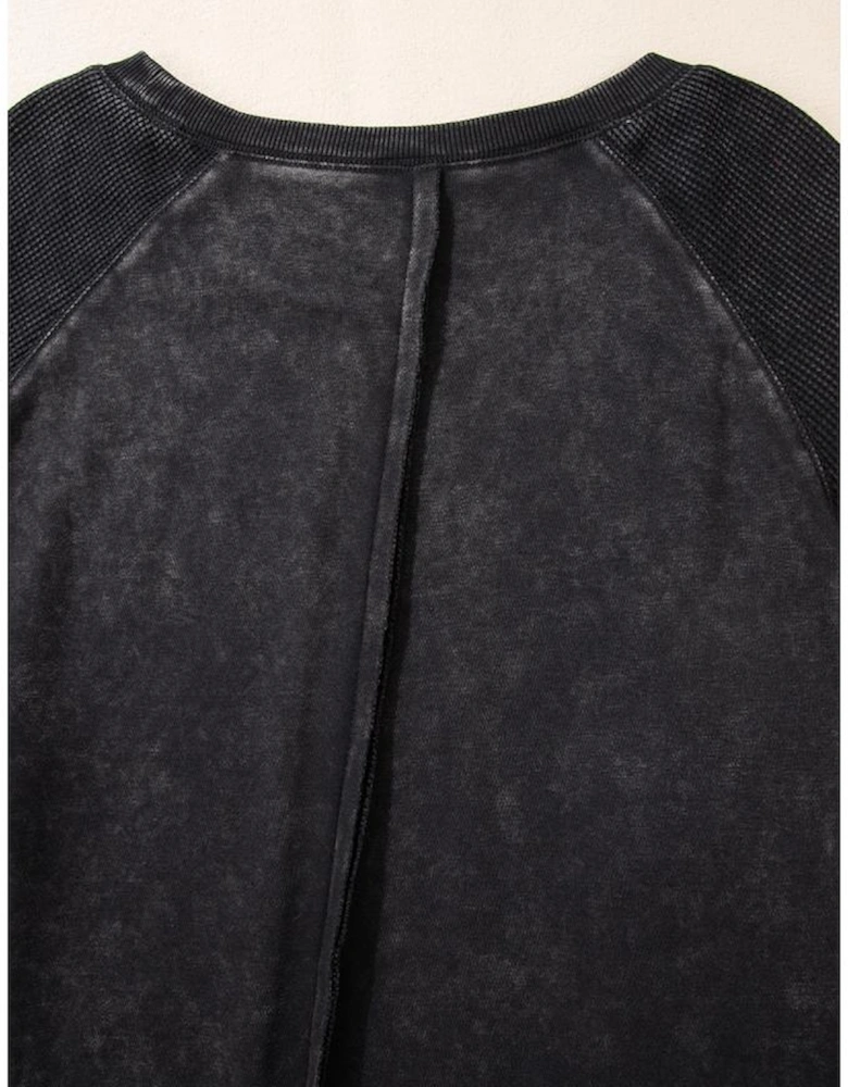 Black Solid Waffle Knit Patchwork Raglan Sleeve Sweatshirt