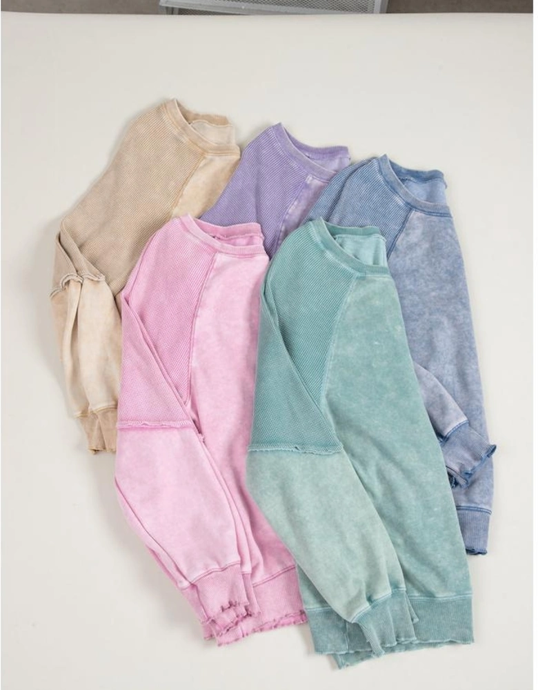 Orchid Petal Solid Waffle Knit Patchwork Raglan Sleeve Sweatshirt