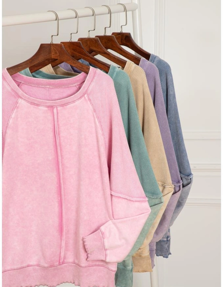 Orchid Petal Solid Waffle Knit Patchwork Raglan Sleeve Sweatshirt