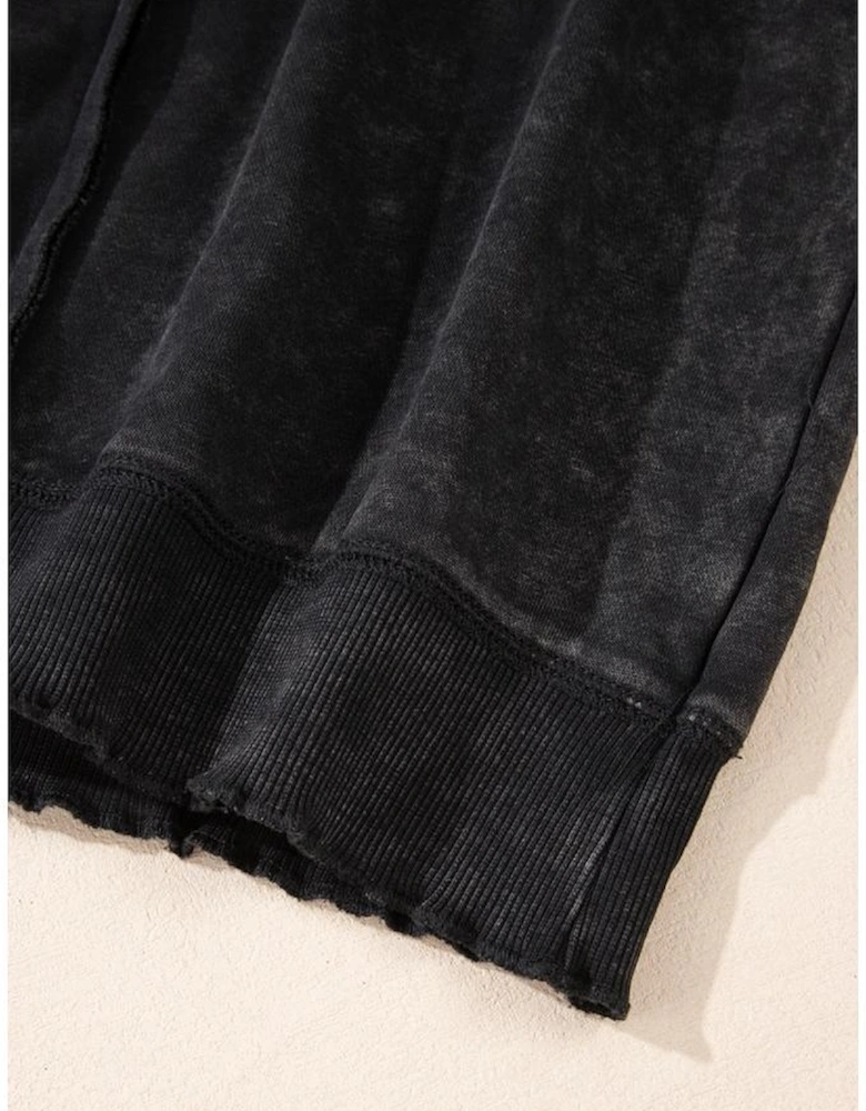 Black Solid Waffle Knit Patchwork Raglan Sleeve Sweatshirt