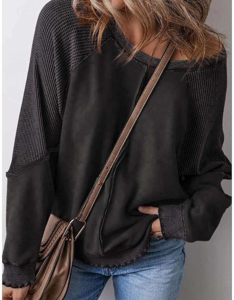 Black Solid Waffle Knit Patchwork Raglan Sleeve Sweatshirt