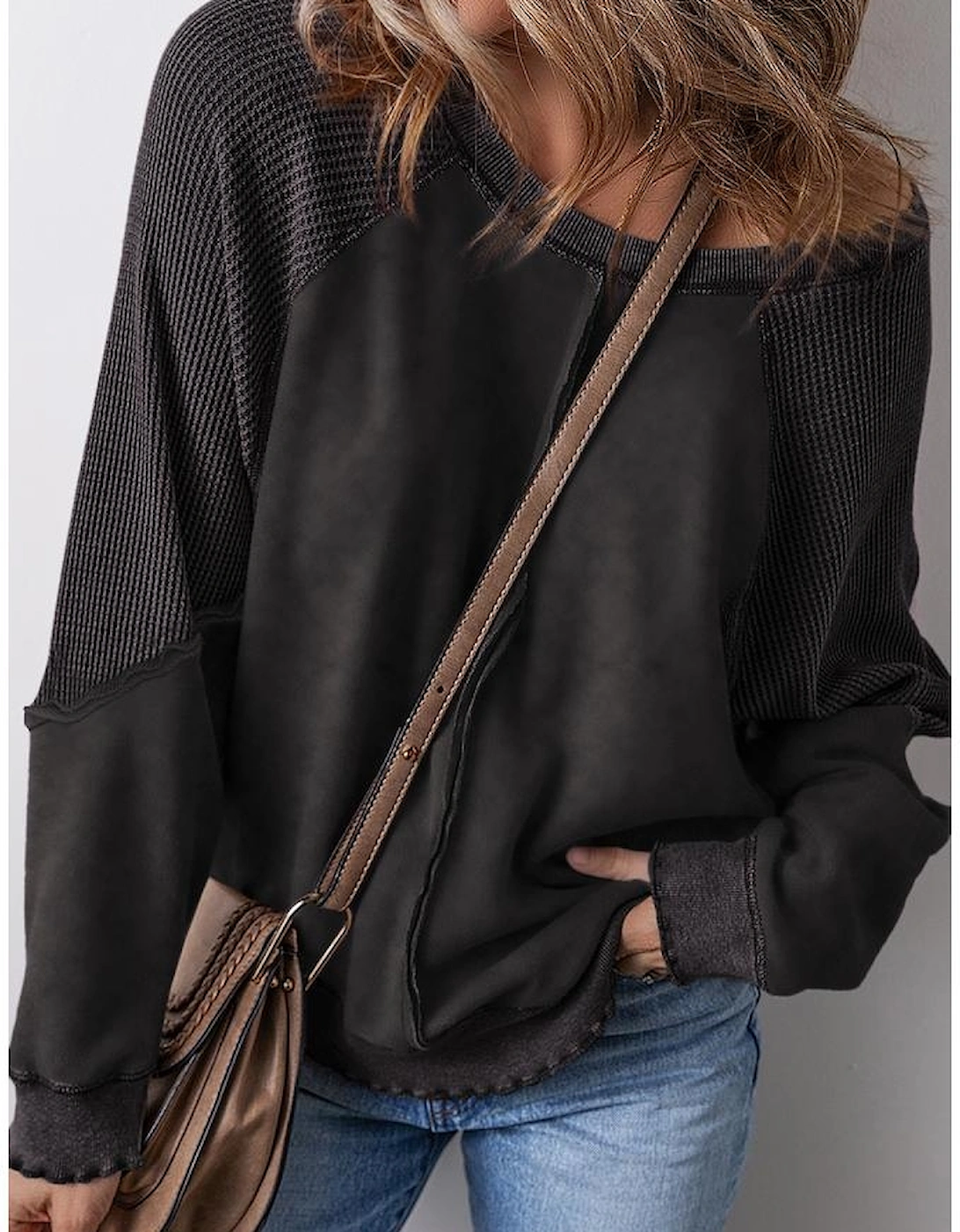 Black Solid Waffle Knit Patchwork Raglan Sleeve Sweatshirt