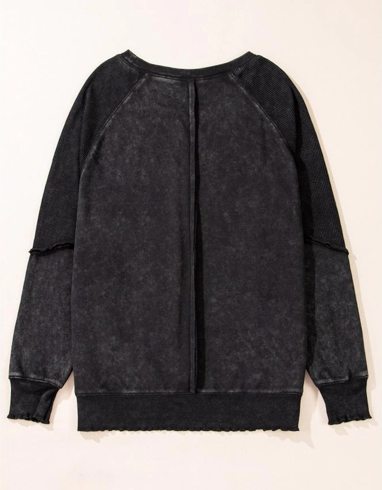 Black Solid Waffle Knit Patchwork Raglan Sleeve Sweatshirt