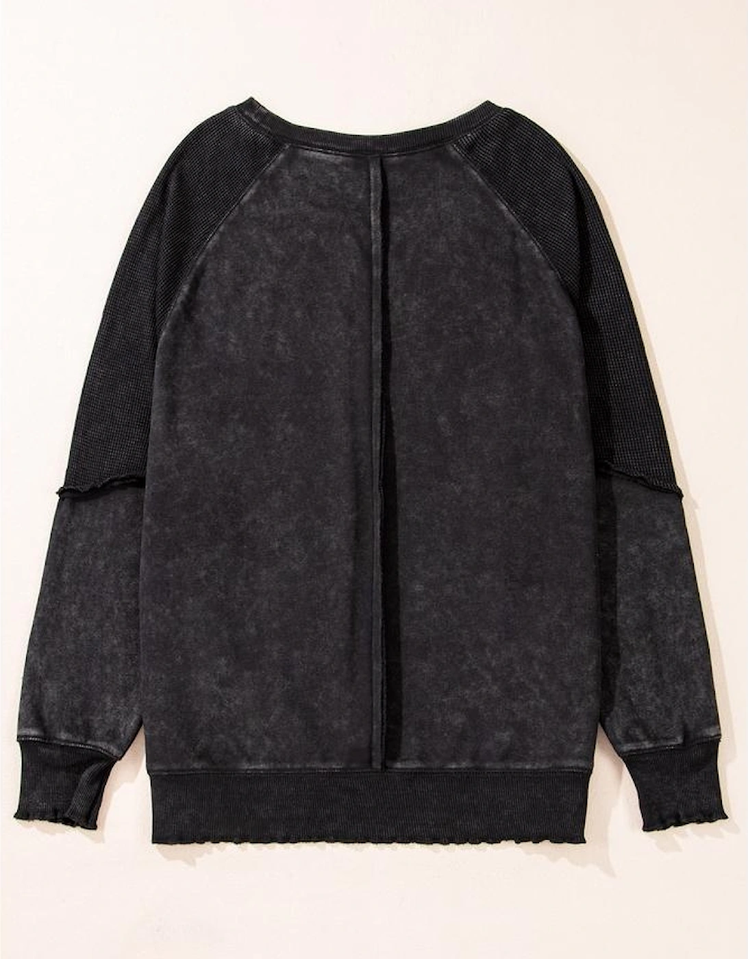 Black Solid Waffle Knit Patchwork Raglan Sleeve Sweatshirt