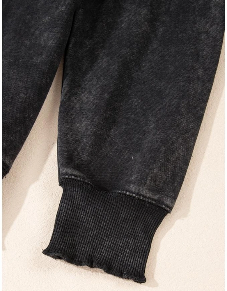 Black Solid Waffle Knit Patchwork Raglan Sleeve Sweatshirt