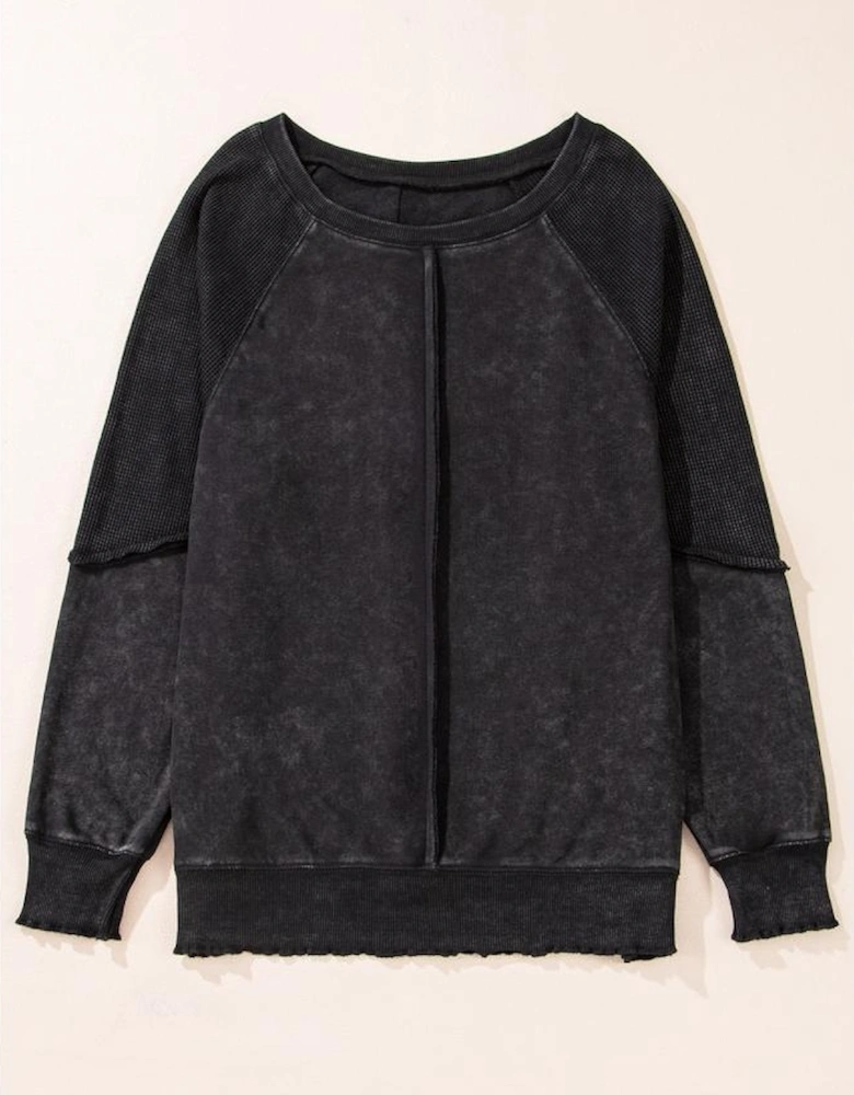 Black Solid Waffle Knit Patchwork Raglan Sleeve Sweatshirt