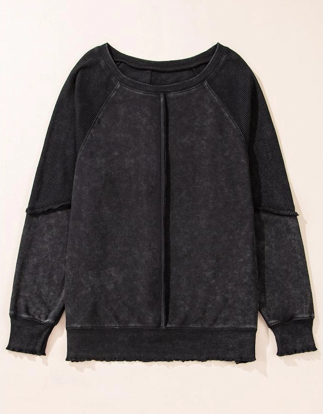 Black Solid Waffle Knit Patchwork Raglan Sleeve Sweatshirt