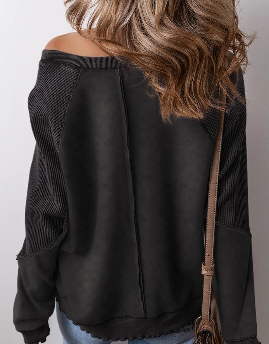 Black Solid Waffle Knit Patchwork Raglan Sleeve Sweatshirt