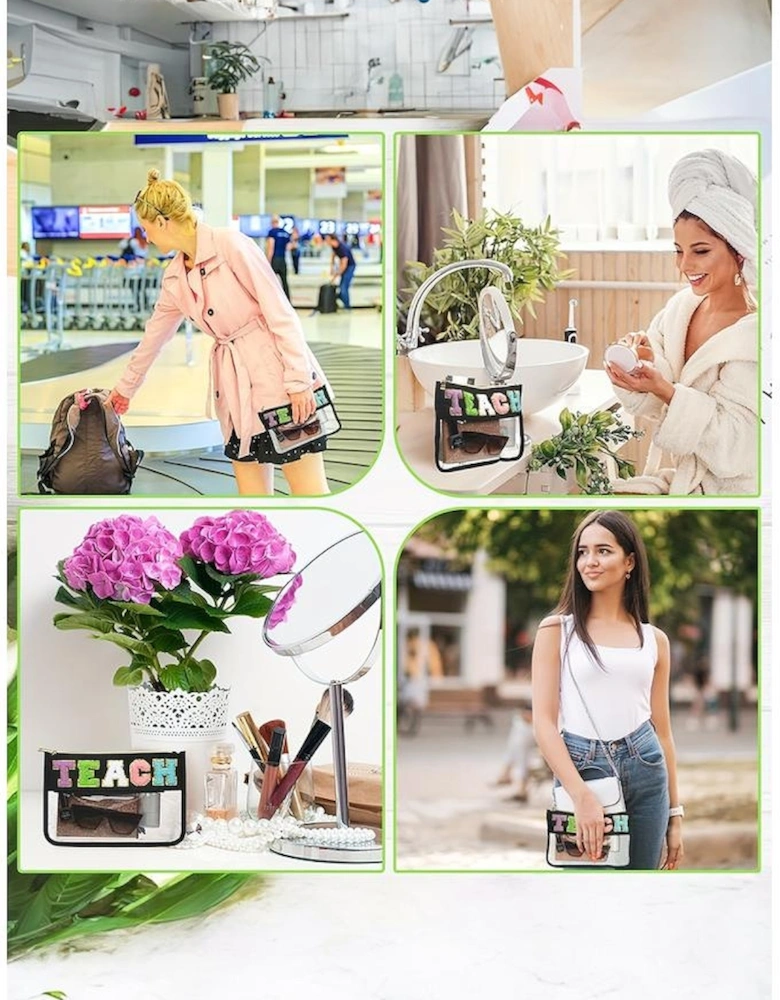 Black TEACH Glitter Chenille Clear PVC Makeup Bag