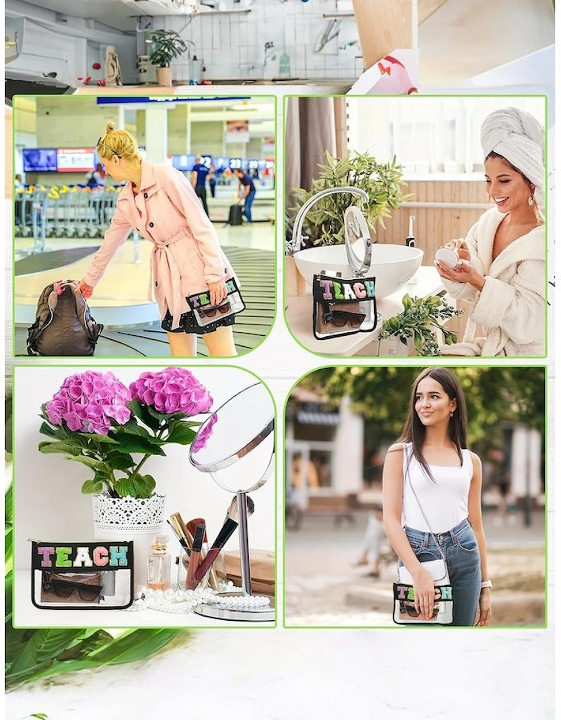 Black TEACH Glitter Chenille Clear PVC Makeup Bag